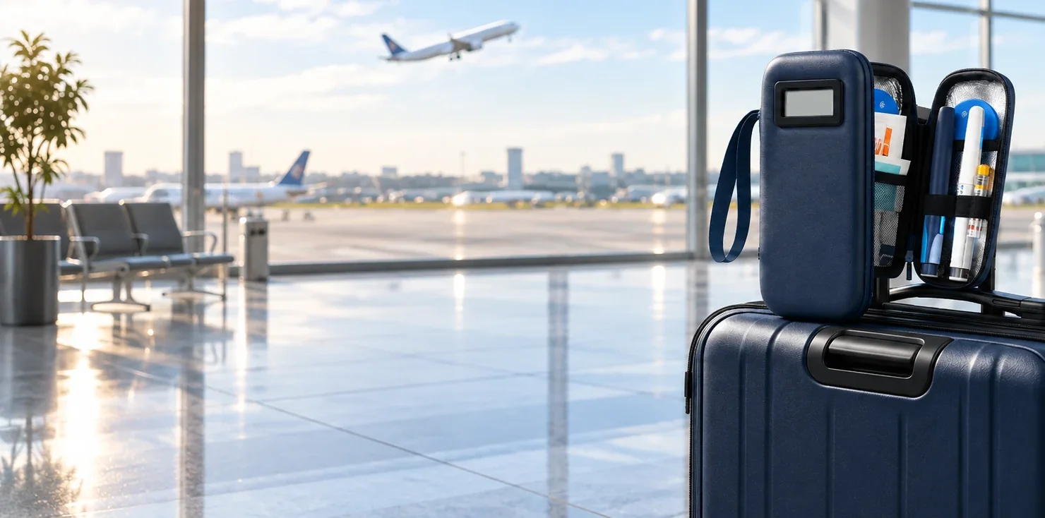 The travel cooler case open on a suitcase in an airport terminal, a plane taking off behind the window