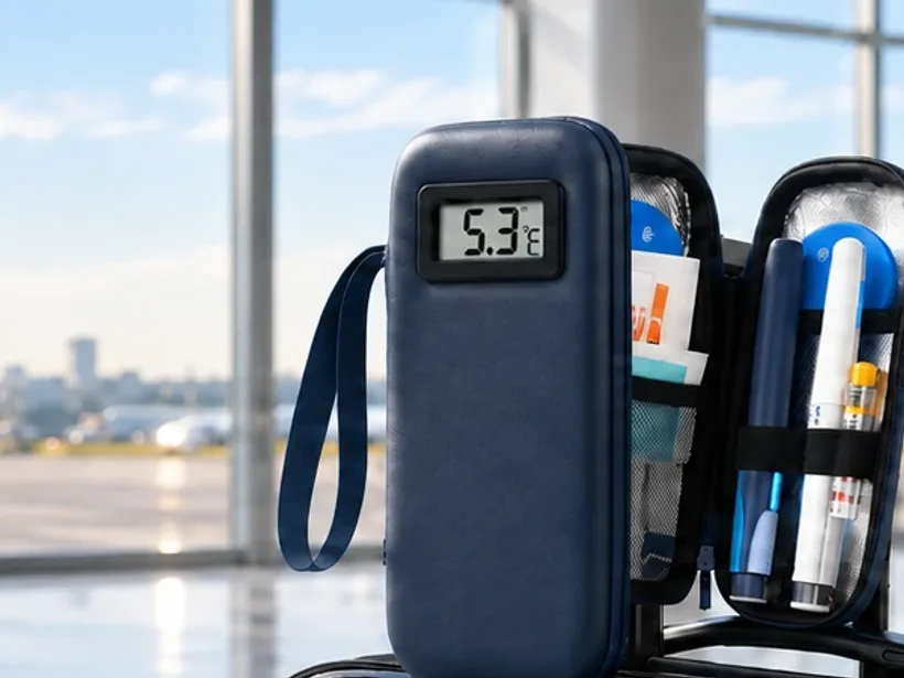 The navy travel cooler open on a carry-on suitcase in an airport terminal, its display on the lid