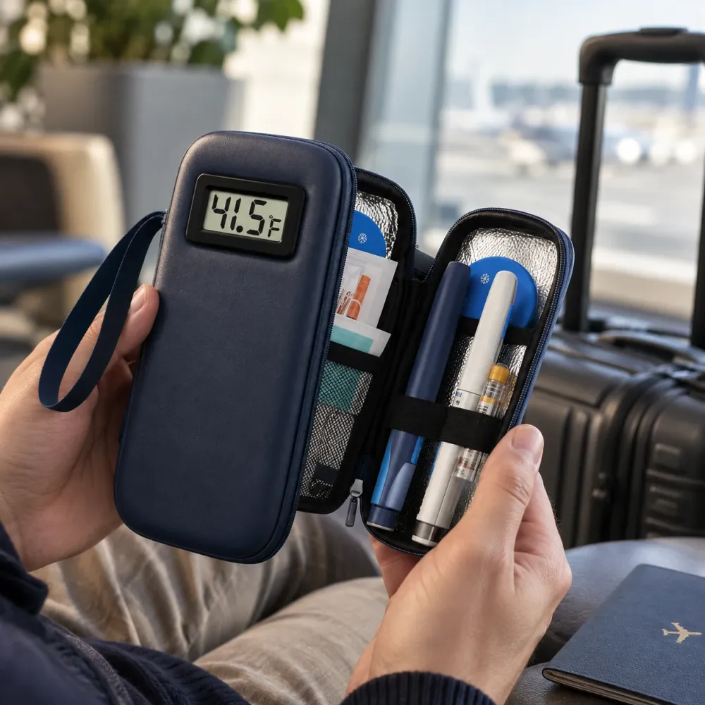 The open navy case held at an airport gate, live temperature on the lid